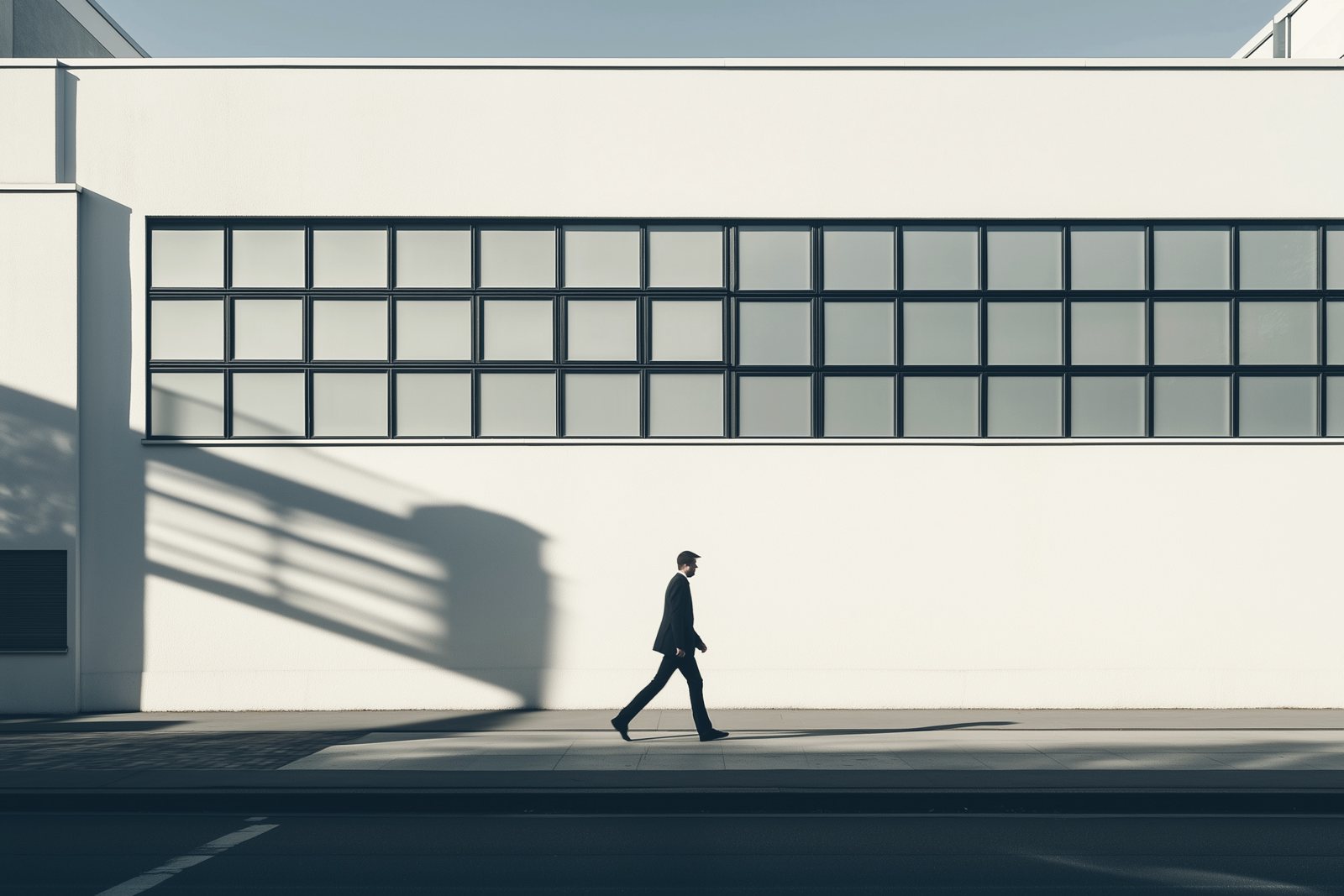 Een man loopt langs een wit gebouw in hard zonlicht